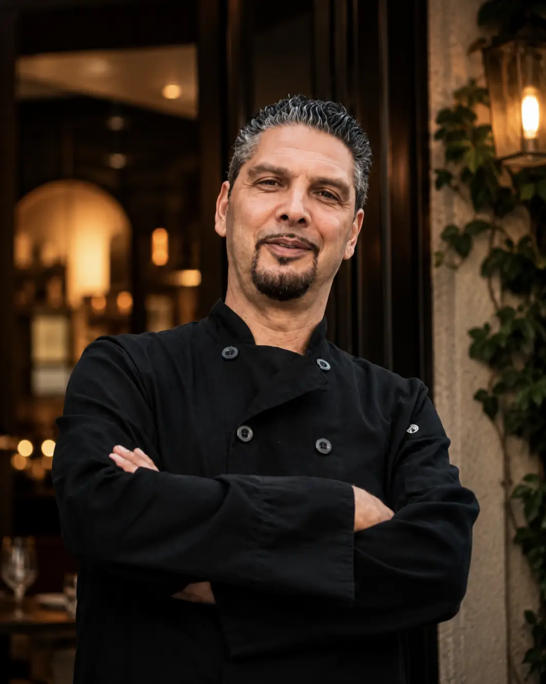 Chef Sandro Oliverio in his chef coat outside IL Nido in Sherman Oaks