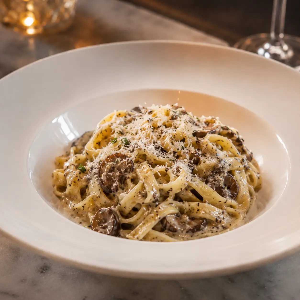 Handmade black truffle fettuccine at IL Nido Italian restaurant in Sherman Oaks